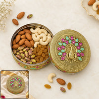 Traditional Meenakari Peacock Storage Box with Decorative Golden Enamel Finish & Lid