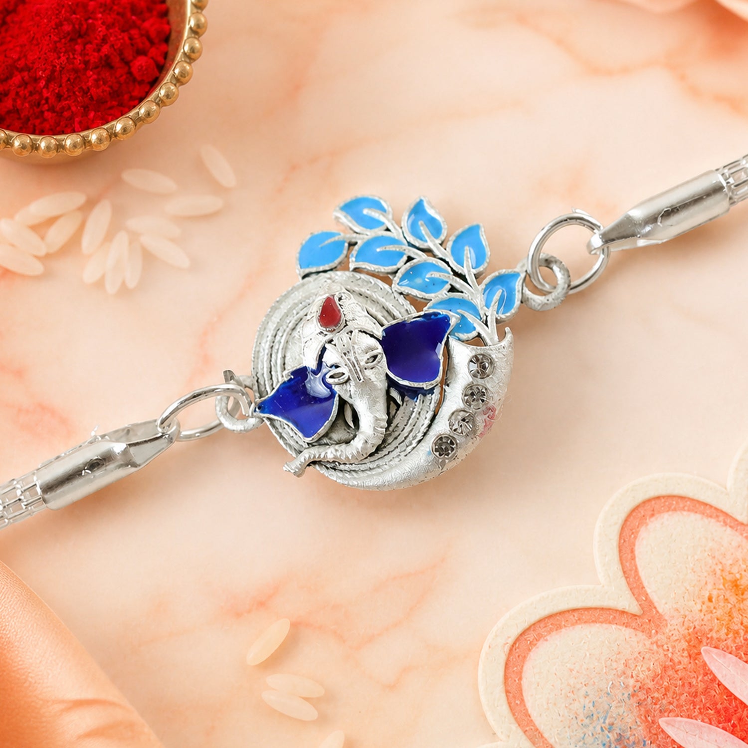 Ganesh Leaf Enamel Crescent Studded Silver Chain Designer Rakhi