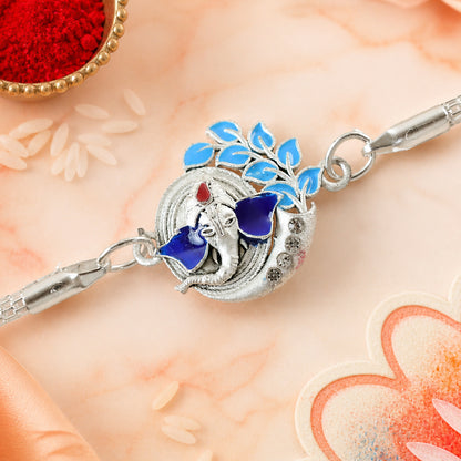 Ganesh Leaf Enamel Crescent Studded Silver Chain Designer Rakhi