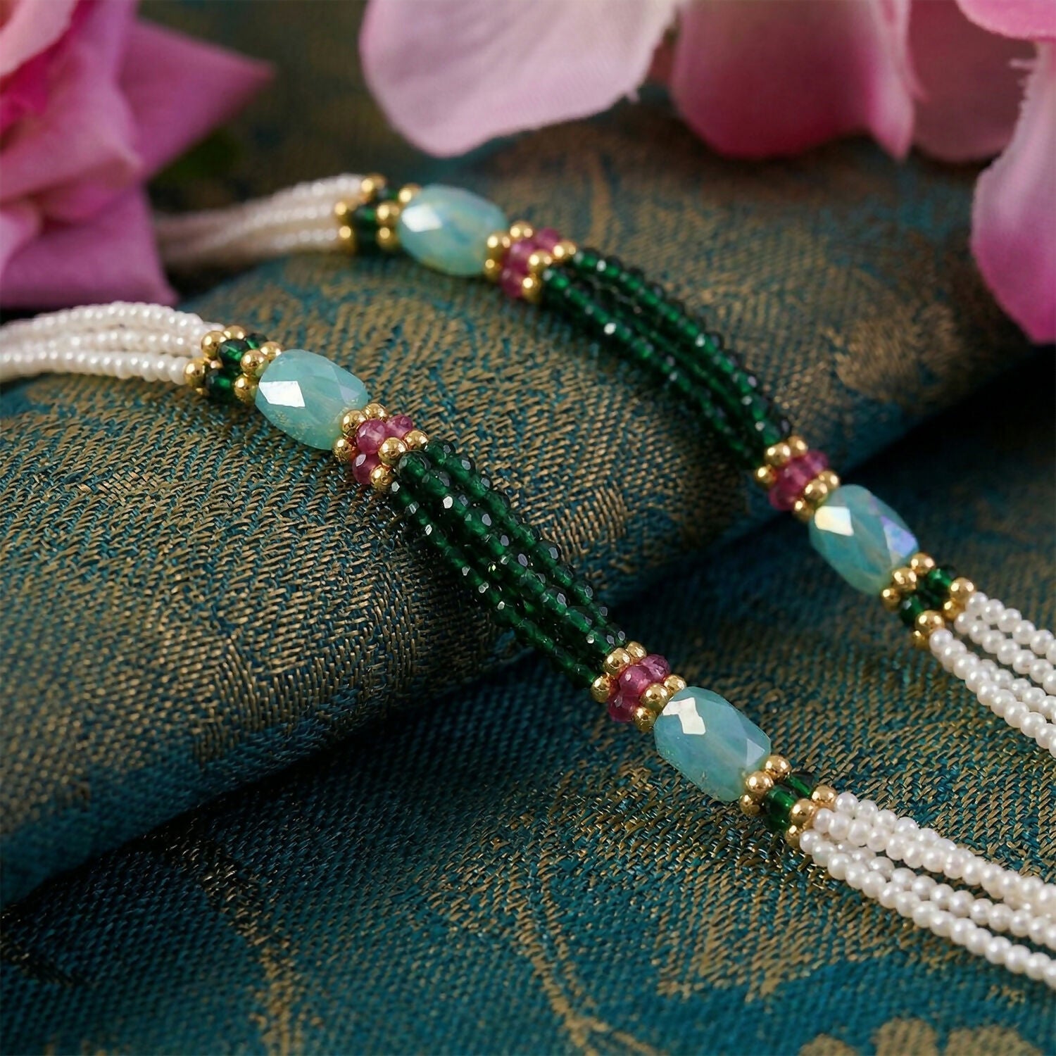 Handmade Layered Pearl Mala Necklace with Green Beads Aqua Accent Ethnic Style