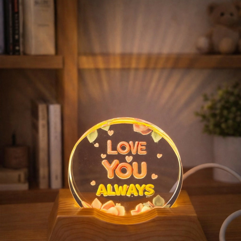Love You Always Acrylic LED Lamp with Wooden Base Romantic Gift Light