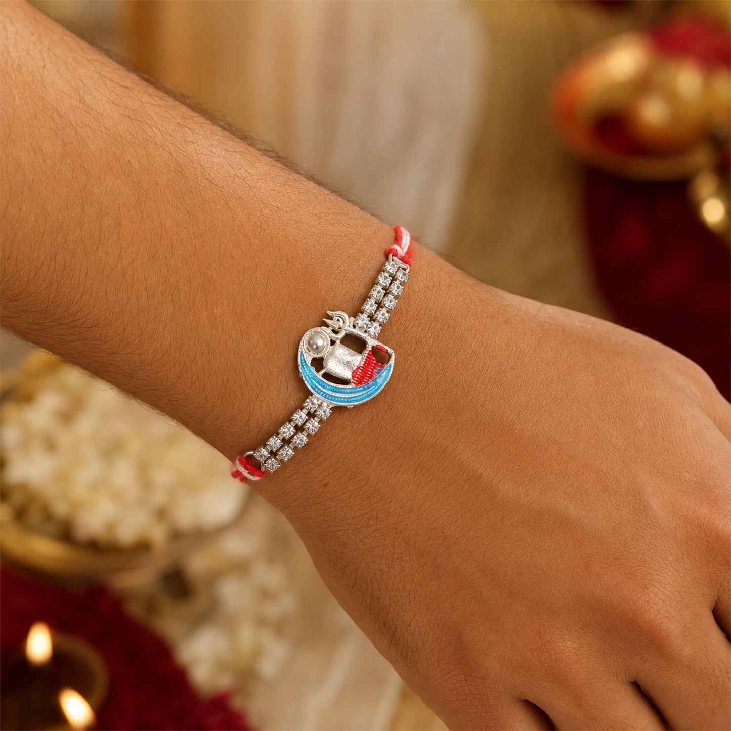 Premium Rakhi with Crescent Moon Charm, leaf touch and gift style for Raksha Bandhan