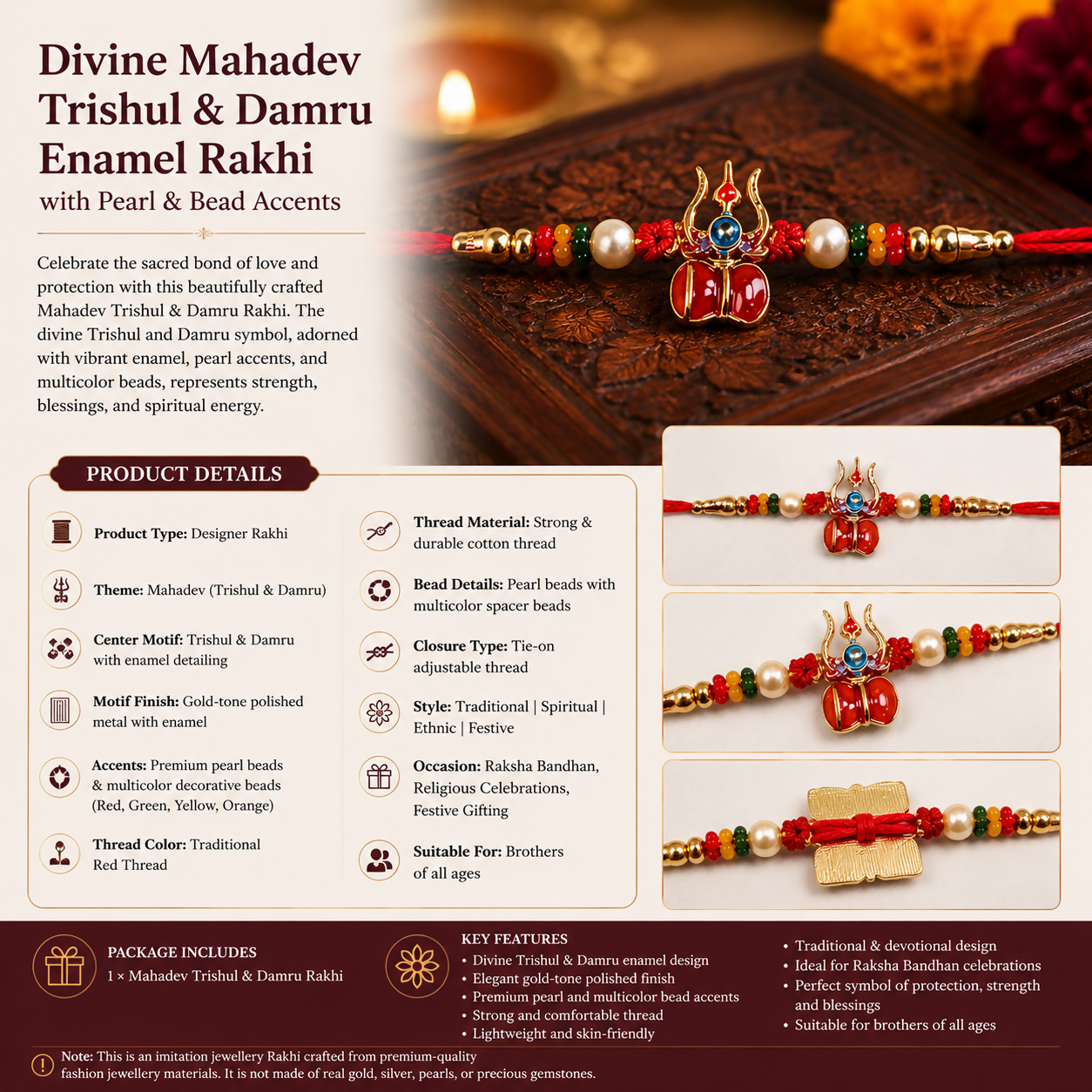 A red thread bracelet with a gold trishul and damru charm, pearls, and colorful beads is displayed on a wooden box, with