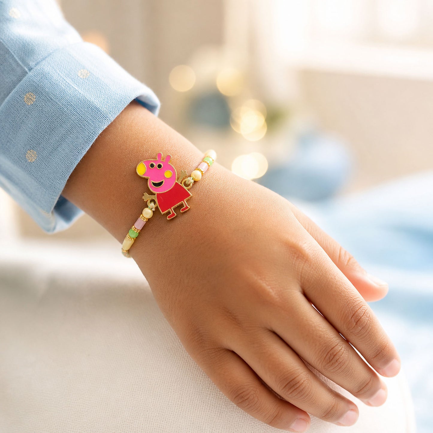 Cute Pink Piglet Cartoon Charm Rakhi for Kids