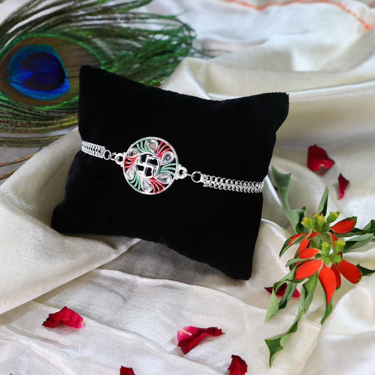 Buy Swastik Rakhi with Tricolor Enamel Silver Chain for Brother (10pcs)