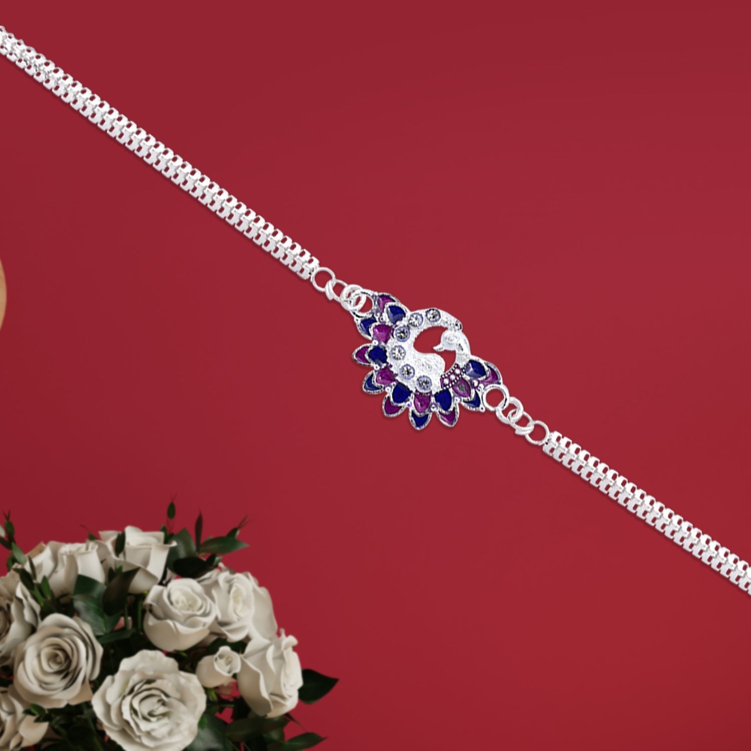Premium Silver Chain Rakhi with Peacock Motif Rakhi for Brother (5pcs)