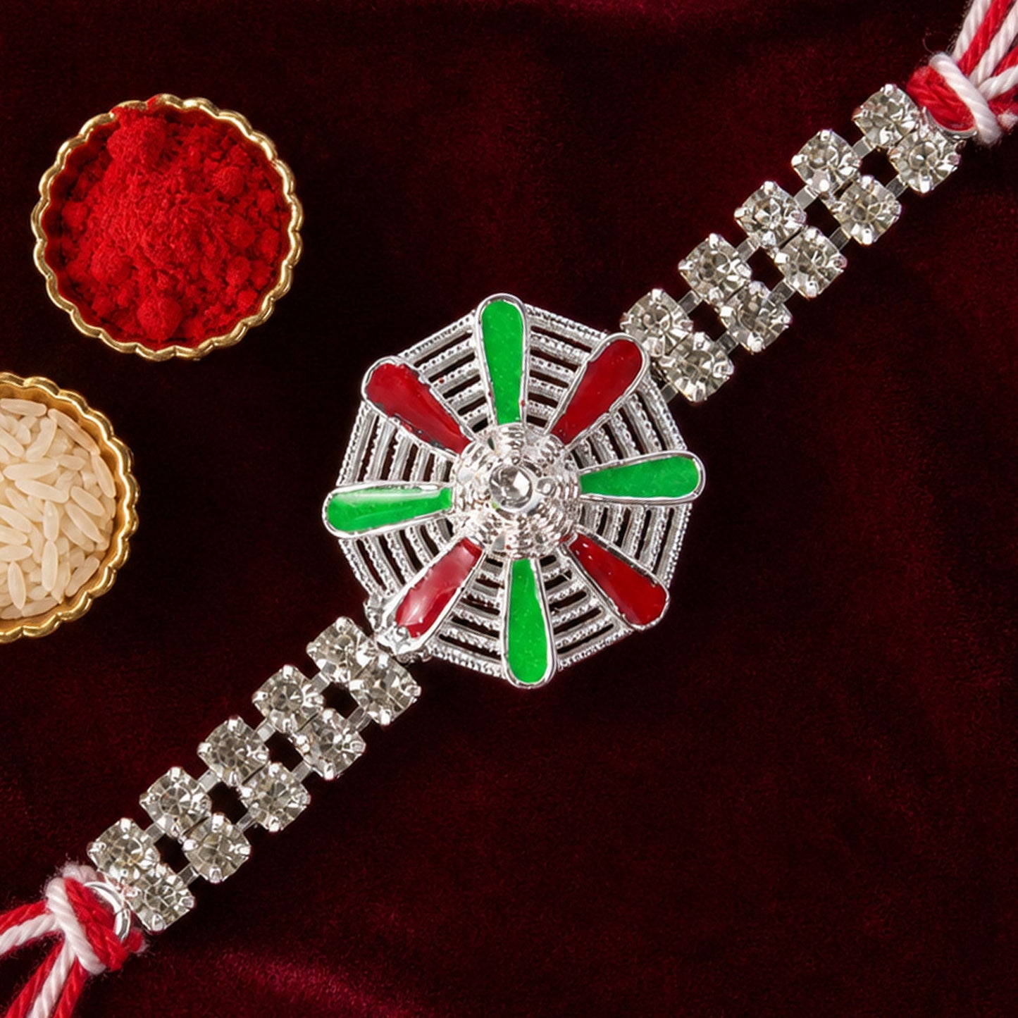 Elegant Rakhi showcasing Chakra Wheel Charm, crystal accents and wrist style for Gift