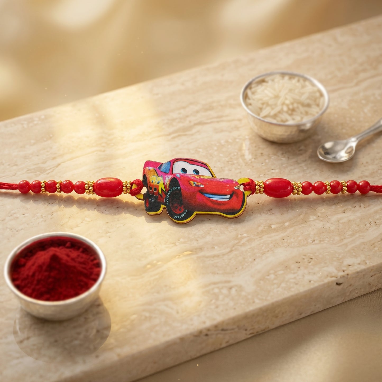 Red Racing Car Kids Rakhi with Gold Beads and Red Thread