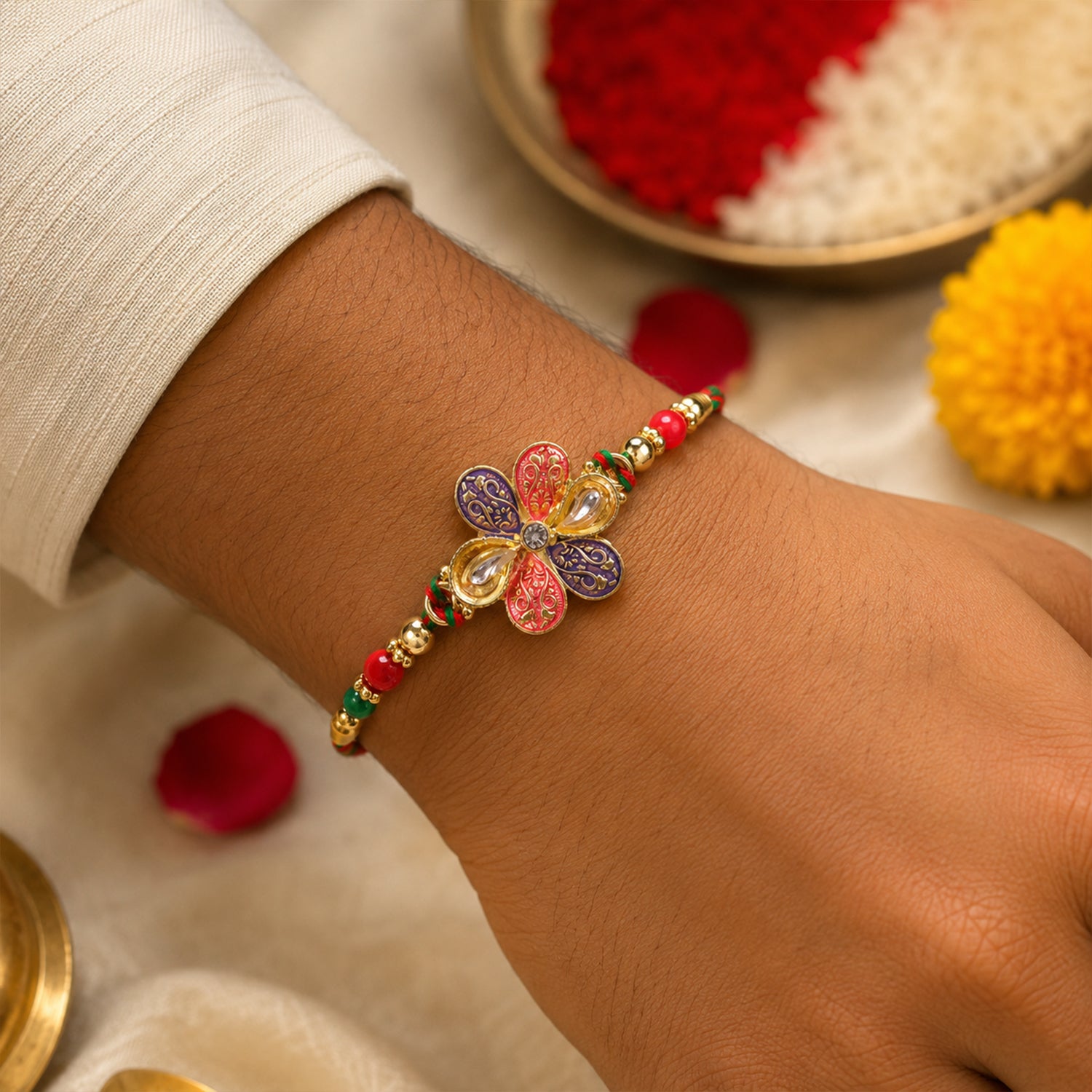 Colorful Floral Rakhi with Red Green Beads and Traditional Festive Gifting Elegance