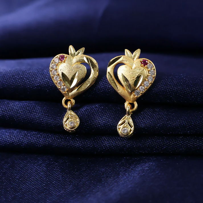 Heart Shaped Gold Finish Earrings With Crystal Border And Delicate Hanging Drop