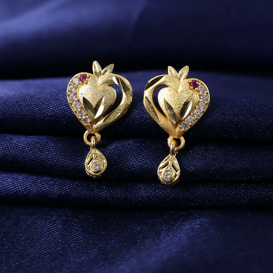 Heart Shaped Gold Finish Earrings With Crystal Border And Delicate Hanging Drop