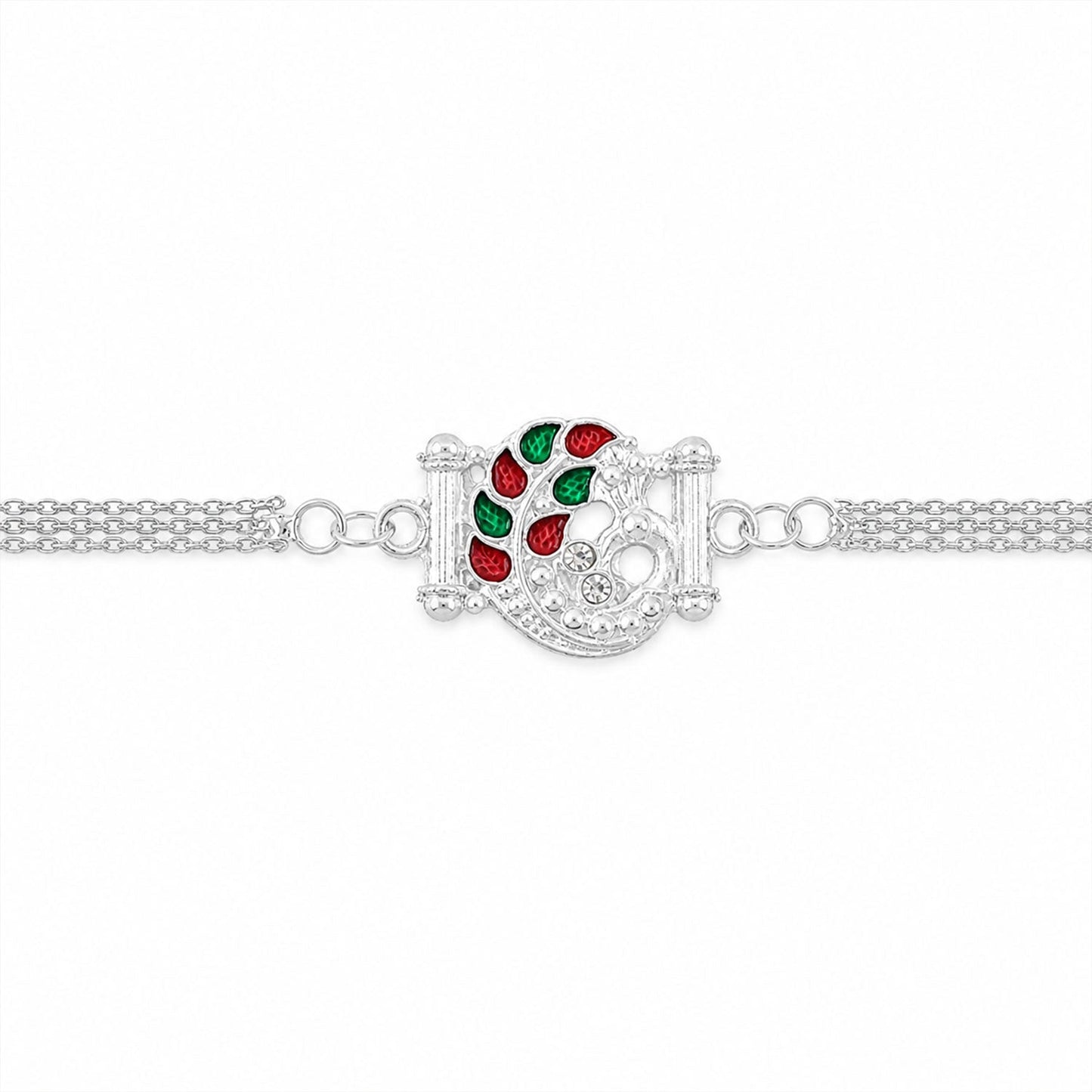 Silver Mor Peacock Meenakari Enamel Crystal Chain Rakhi (5pcs)