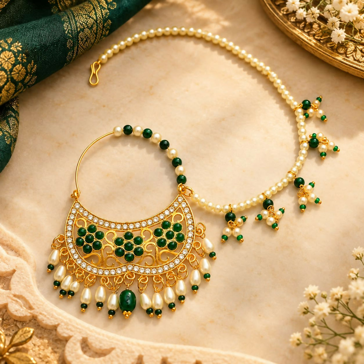 Golden Plated Traditional Bridal Nath (Nose Ring) with Pearls, Green Beads & Filigree Work | Imitation Jewellery