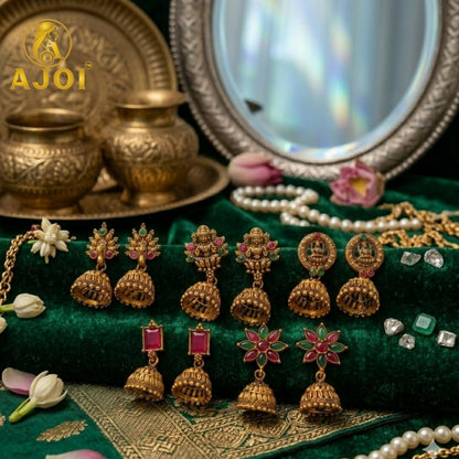 Set of 5 traditional temple gold jhumka earrings displayed