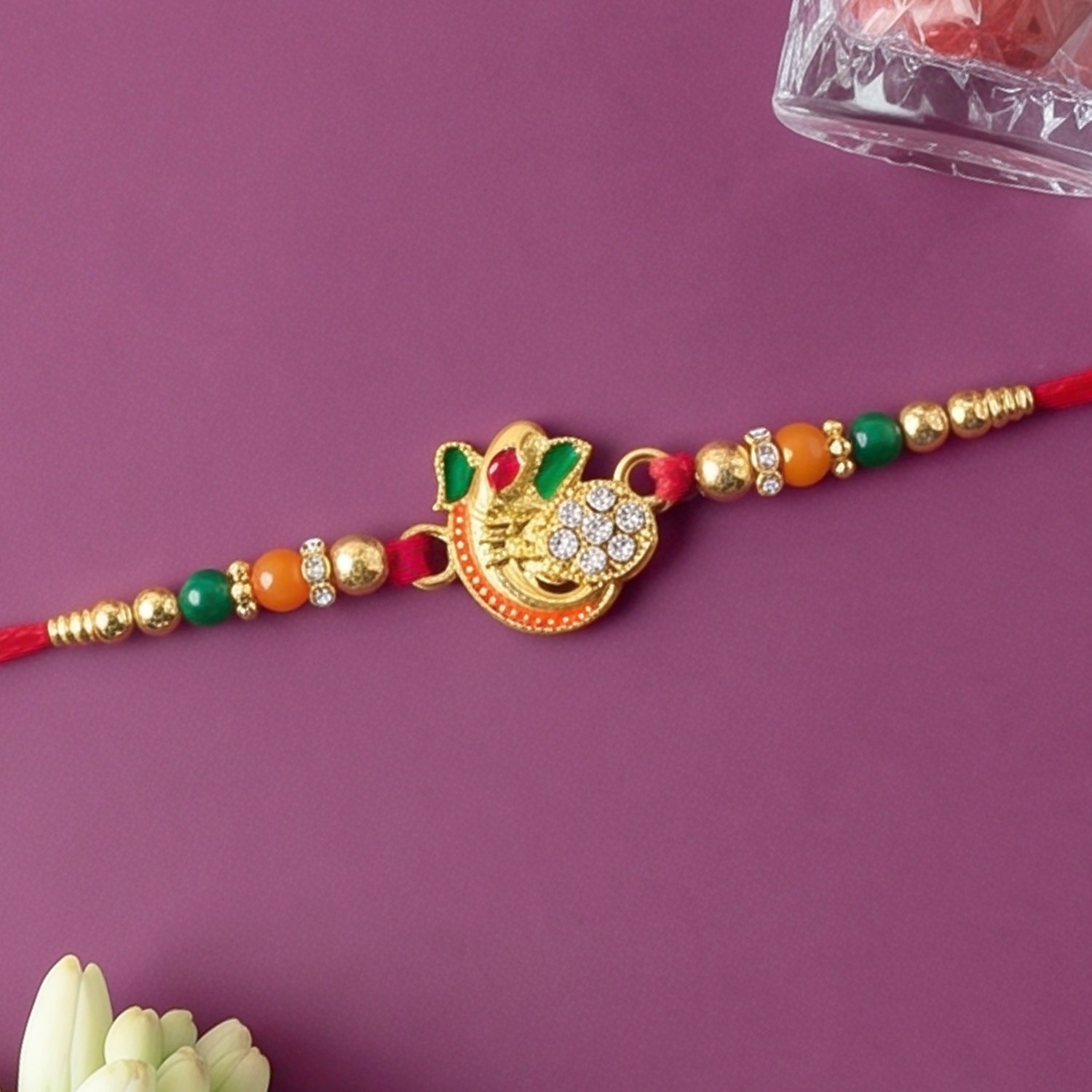 Om Rakhi for Brother Traditional Multicolor Beads on Red Thread (10pcs)