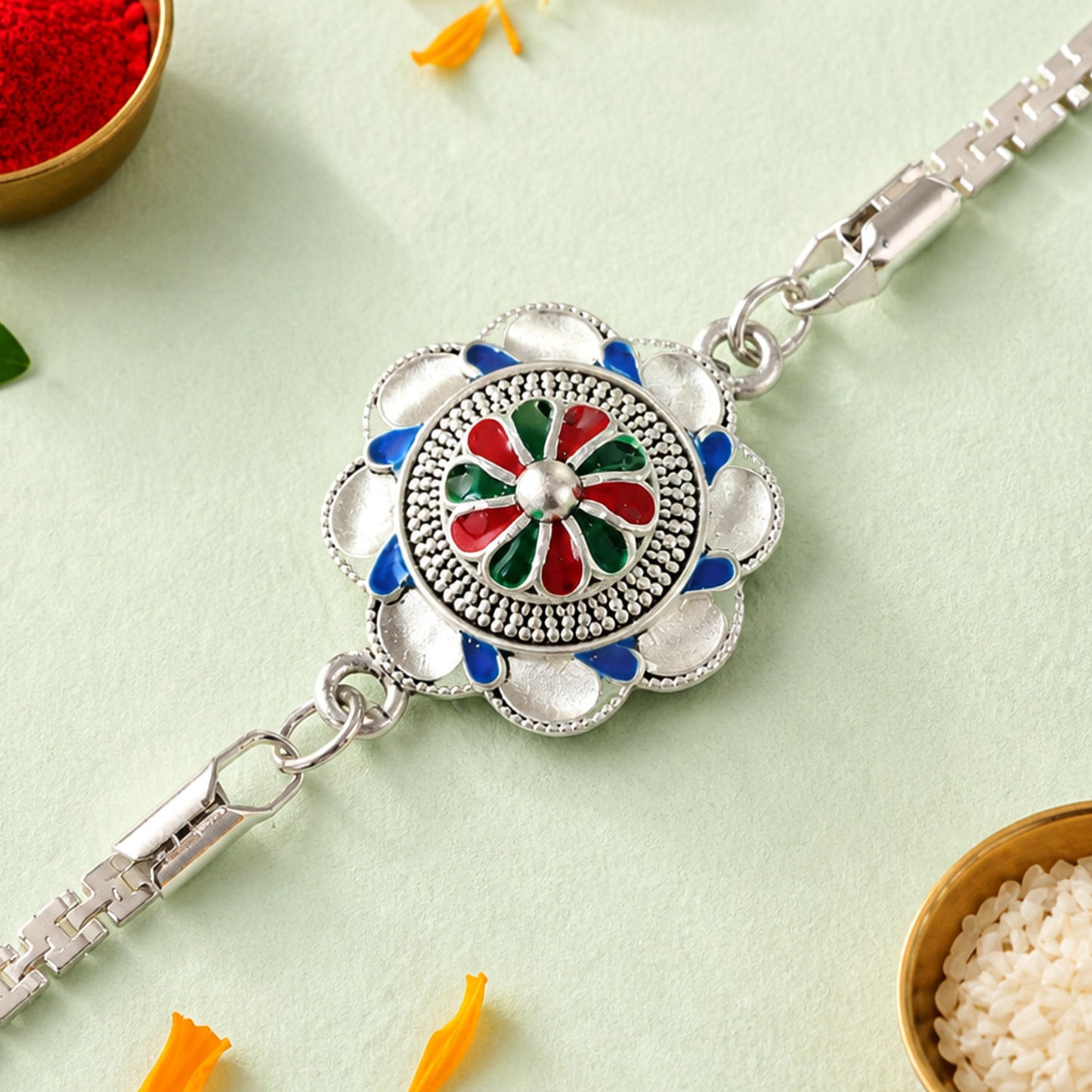 Round Floral Meenakari Antique Carved Silver Chain Designer Rakhi