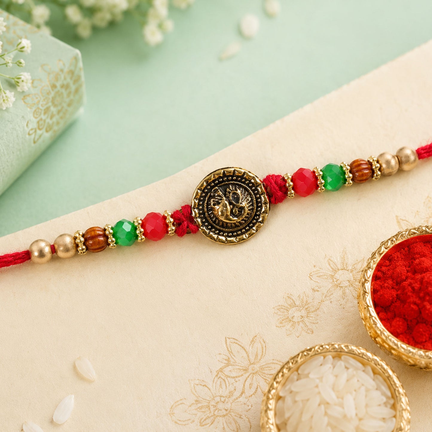 Ganesha Golden Medallion Devotional Rakhi with Red Green Beads and Festive Thread