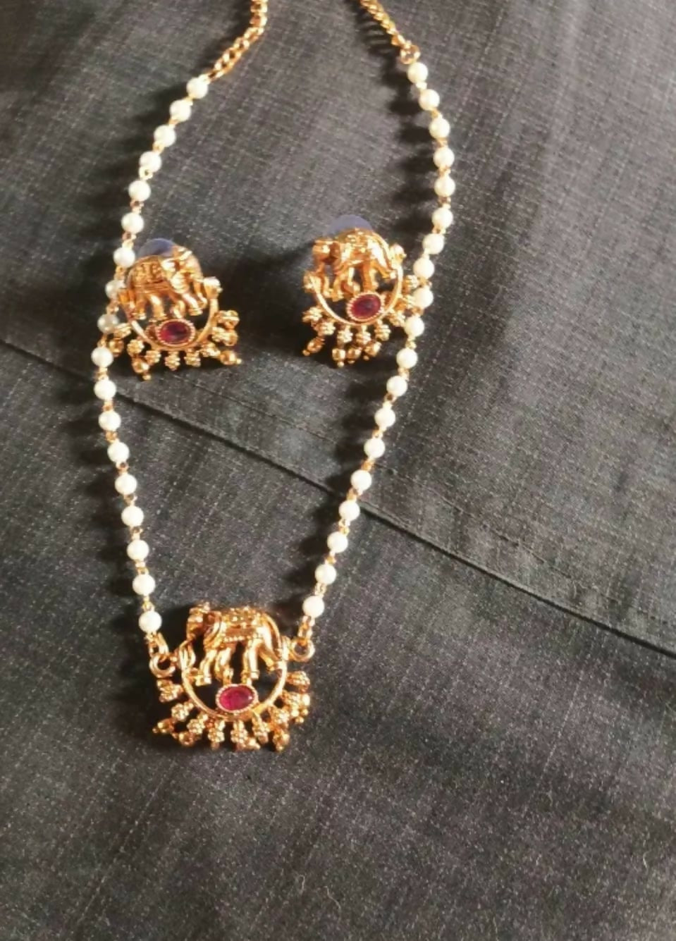 Traditional Pearl Chain Elephant Charm Necklace Set