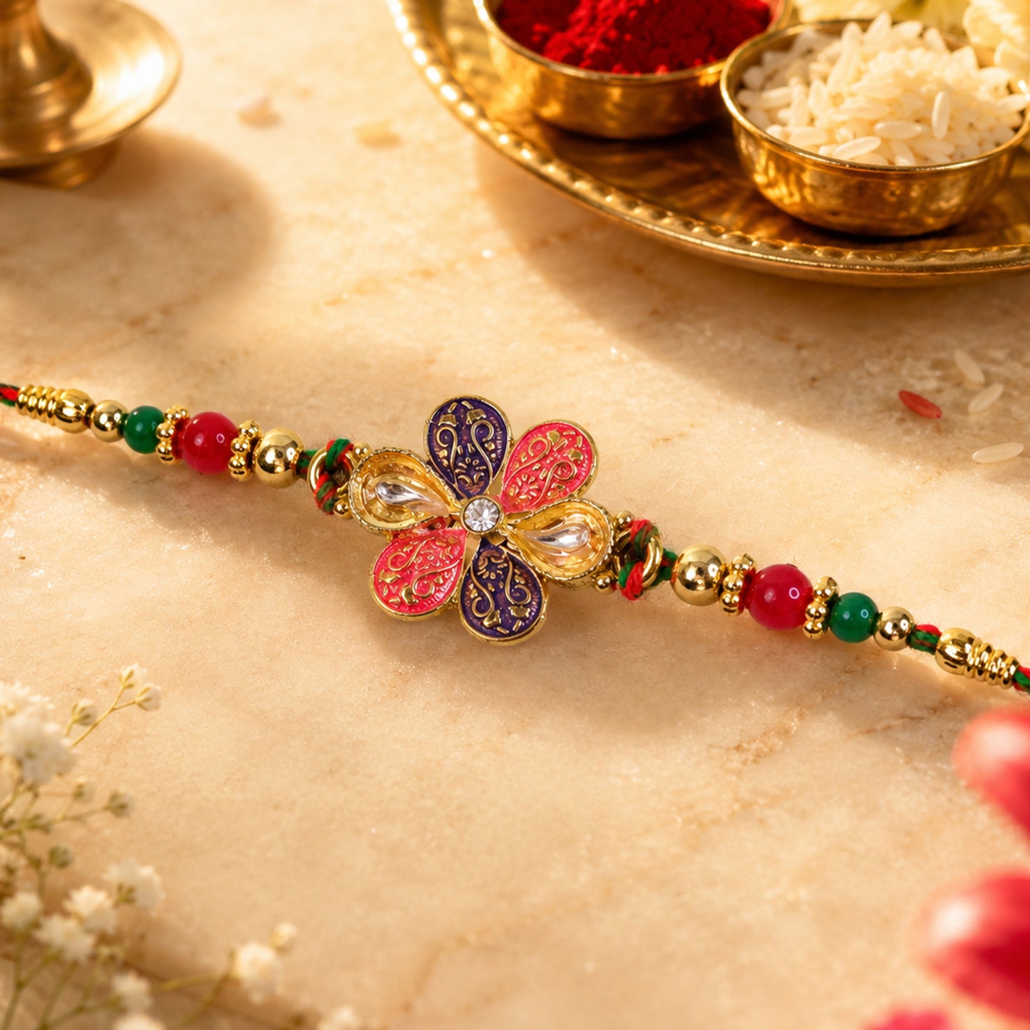Colorful Floral Rakhi with Red Green Beads and Traditional Festive Gifting Elegance