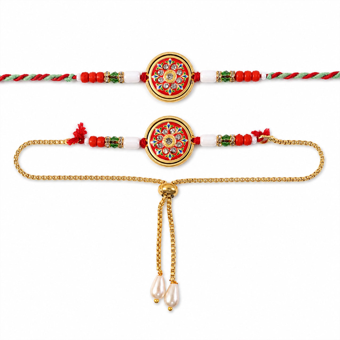 Round Mandala Meenakari Bhai Bhabhi Lumba Rakhi with Pearl Tassels