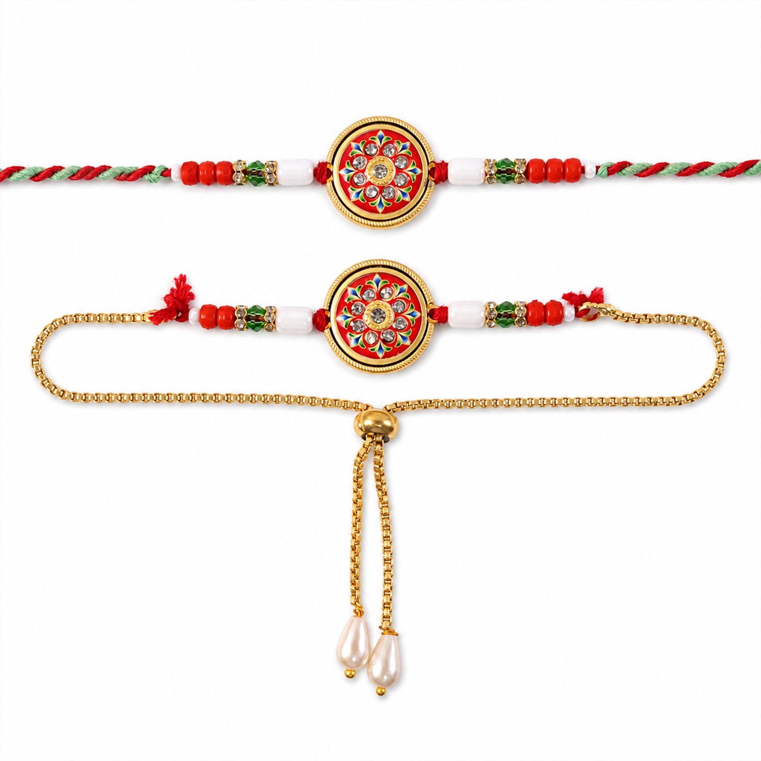 Round Mandala Meenakari Bhai Bhabhi Lumba Rakhi with Pearl Tassels