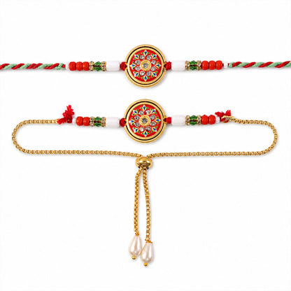 Round Mandala Meenakari Bhai Bhabhi Lumba Rakhi with Pearl Tassels