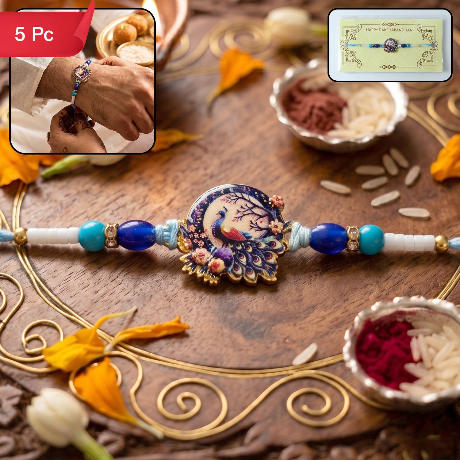 Rakhi Royal Mughal Peacock Designer Charm for Brother (5pcs)