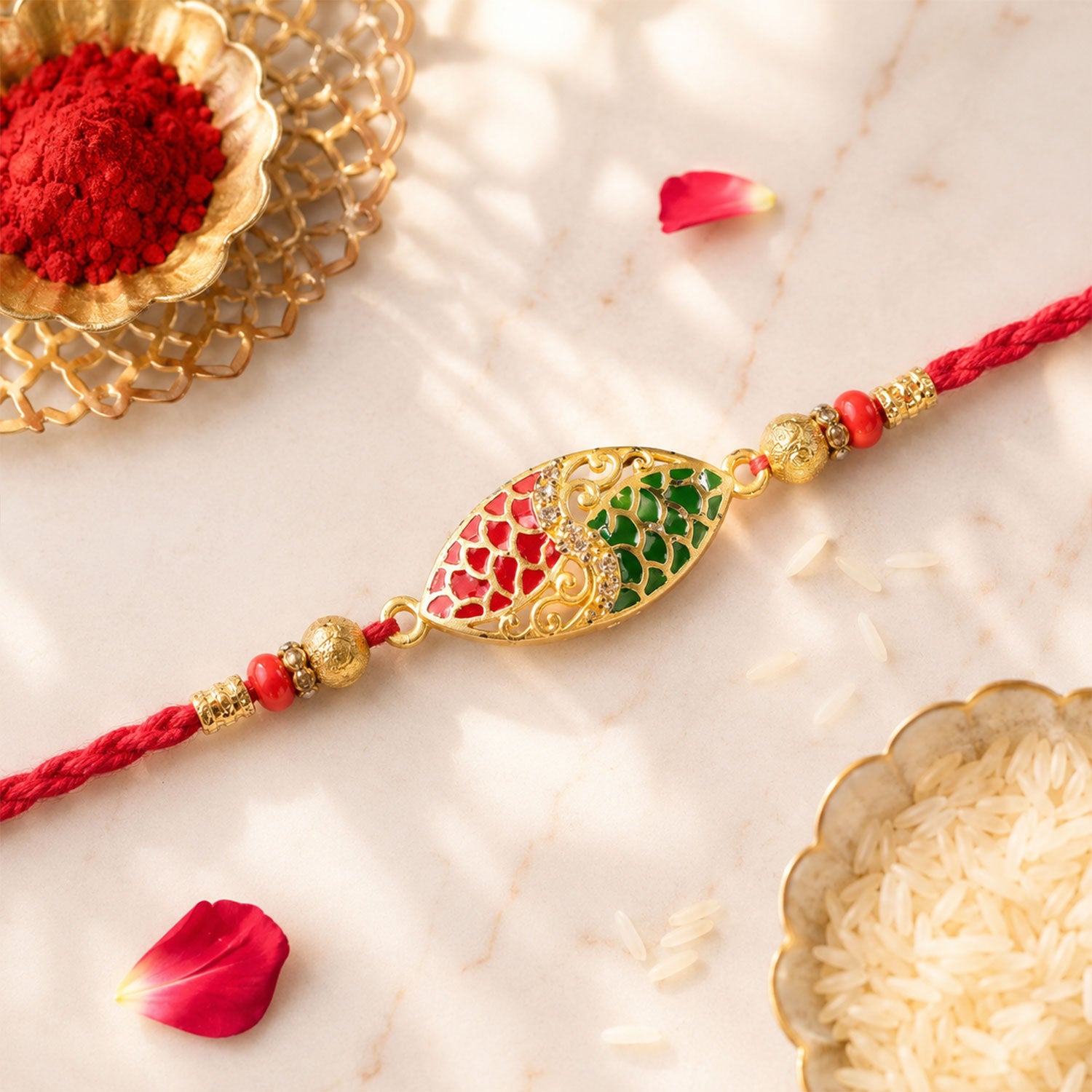 Red & Green Marquise Meenakari Designer Rakhi for Brother Gift Set Combo