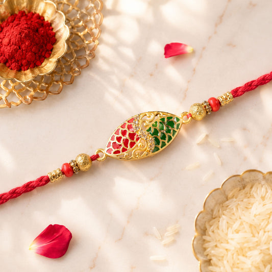Red & Green Marquise Meenakari Designer Rakhi for Brother Gift Set Combo
