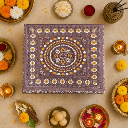 The oxidised Pooja Chowki Bajot displayed in a home temple setting.