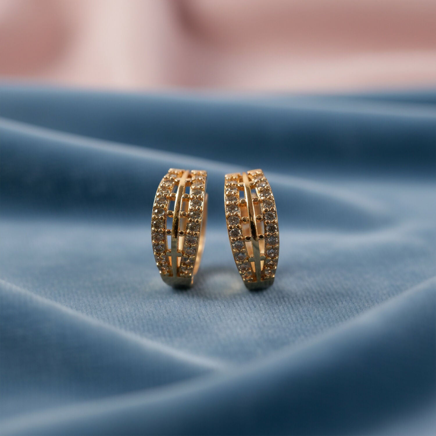 Elegant Gold Finish Double Line Stone Studded Hoop Earrings for Women