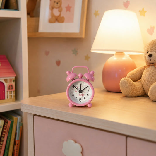 Mini twin bell alarm clock in bright color on white background