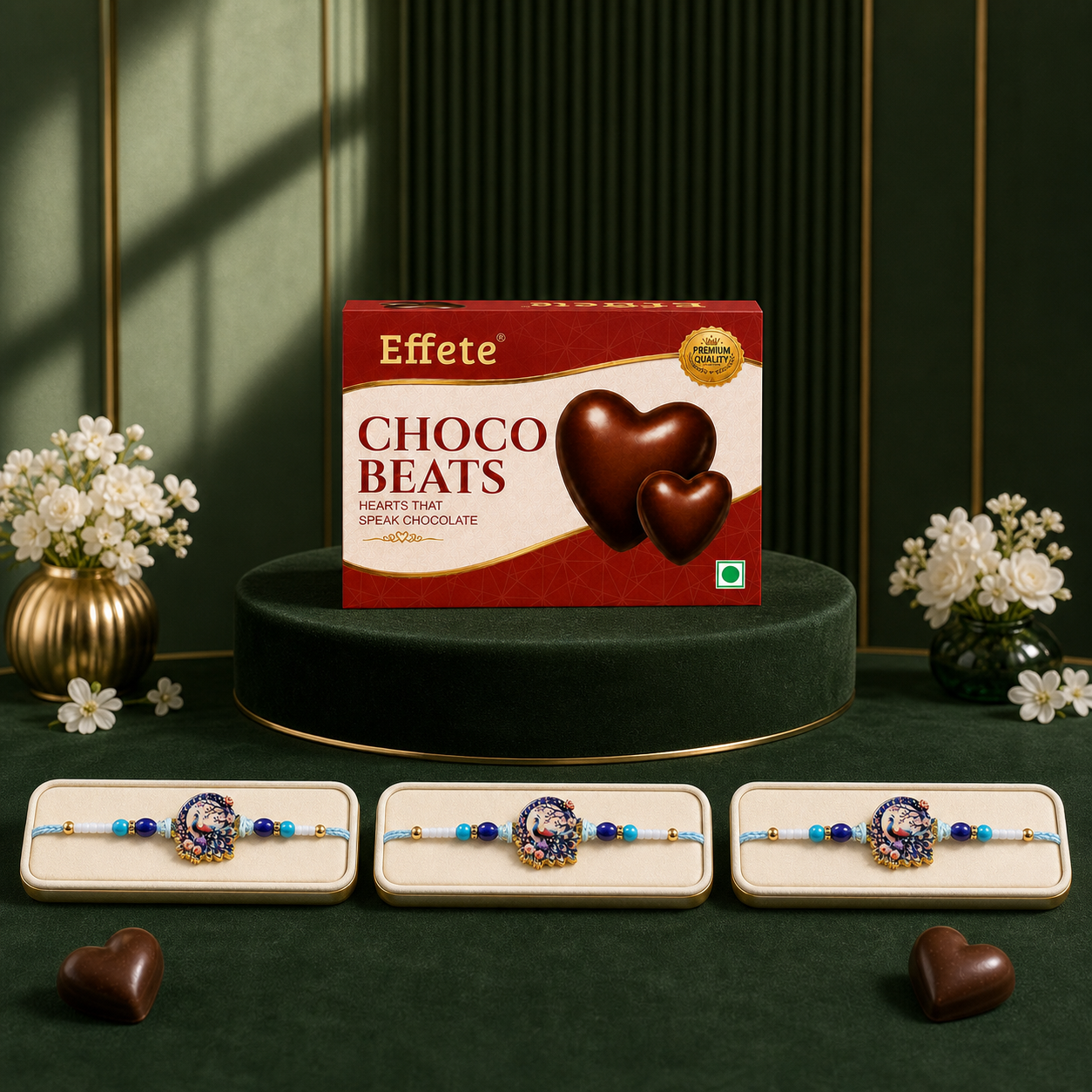 Blue Peacock Portrait Rakhi with Choco Beats, Pack of 3