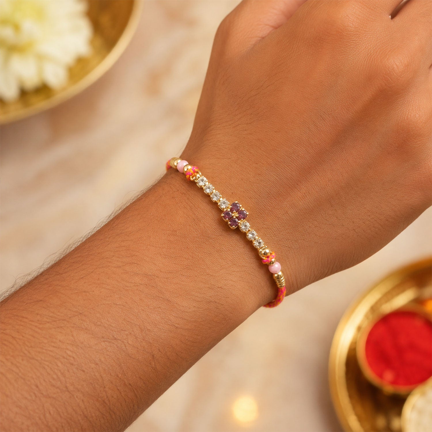 Square Motif Stone Band Rakhi in Mix Colour Threads (Pack of 6)