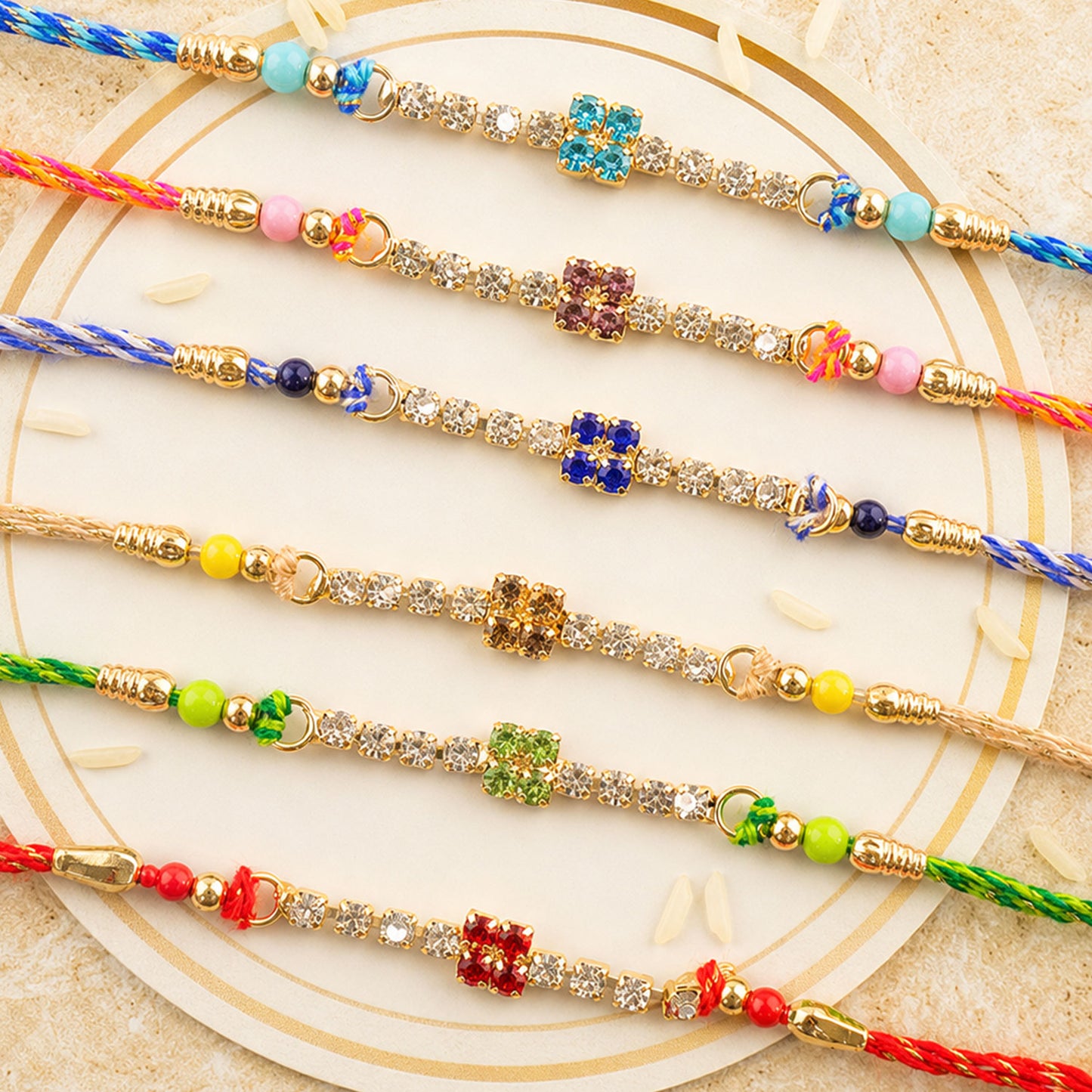 Square Motif Stone Band Rakhi in Mix Colour Threads (Pack of 6)