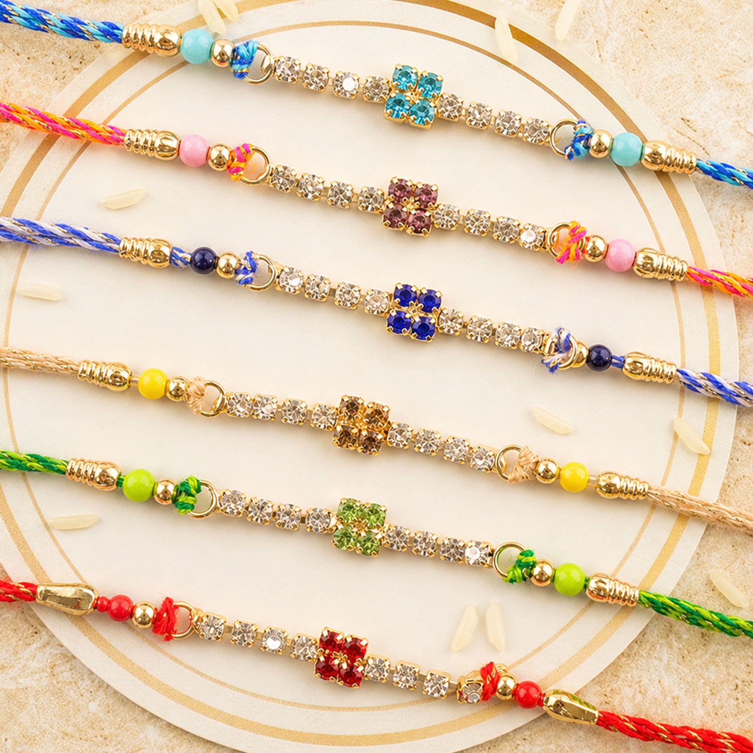 Square Motif Stone Band Rakhi in Mix Colour Threads (Pack of 6)