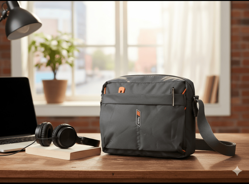 Crossbody shoulder bag in black with orange zipper pulls showing front view