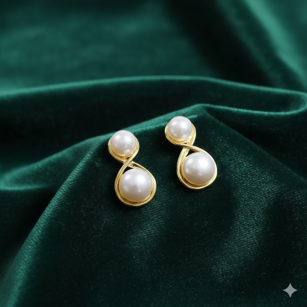 Korean pearl infinity stud earrings with gold curve design