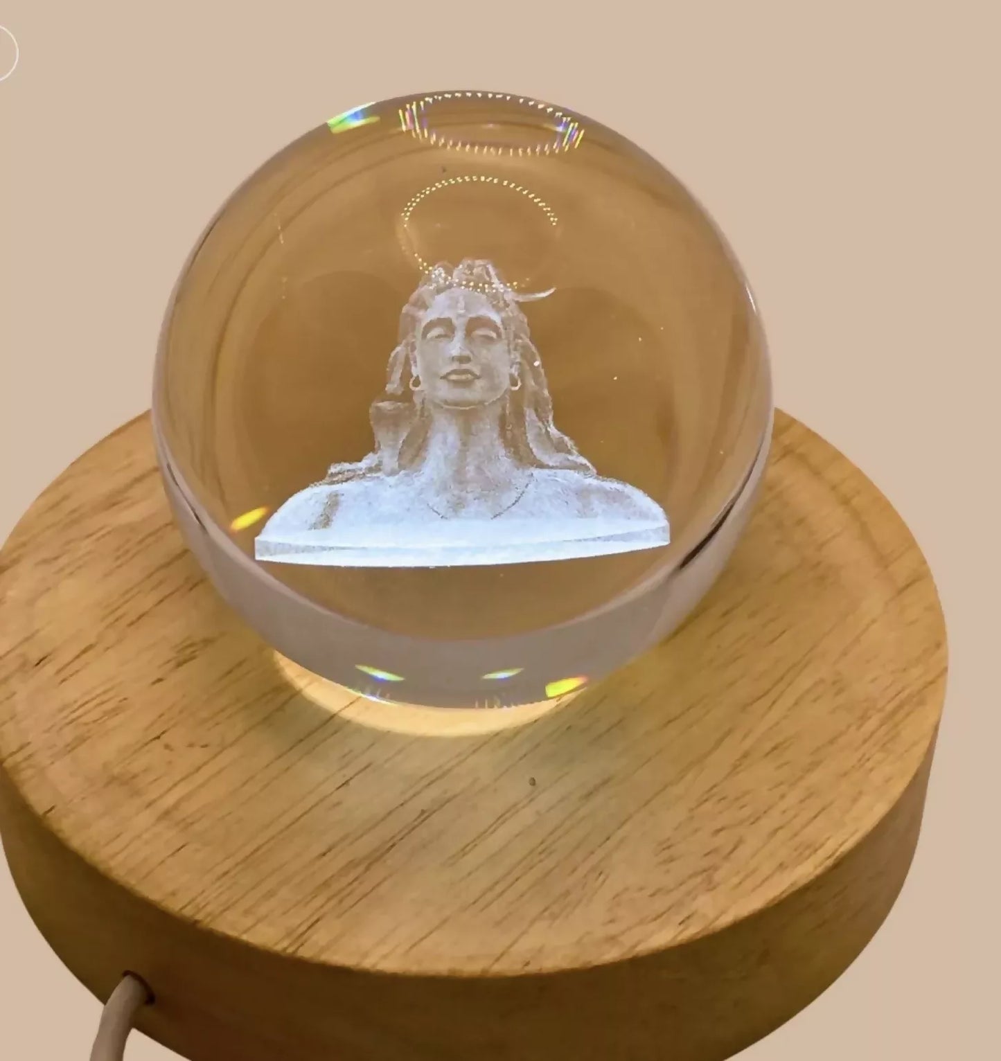 3D Adiyogi Shiva crystal ball LED night lamp with wooden base