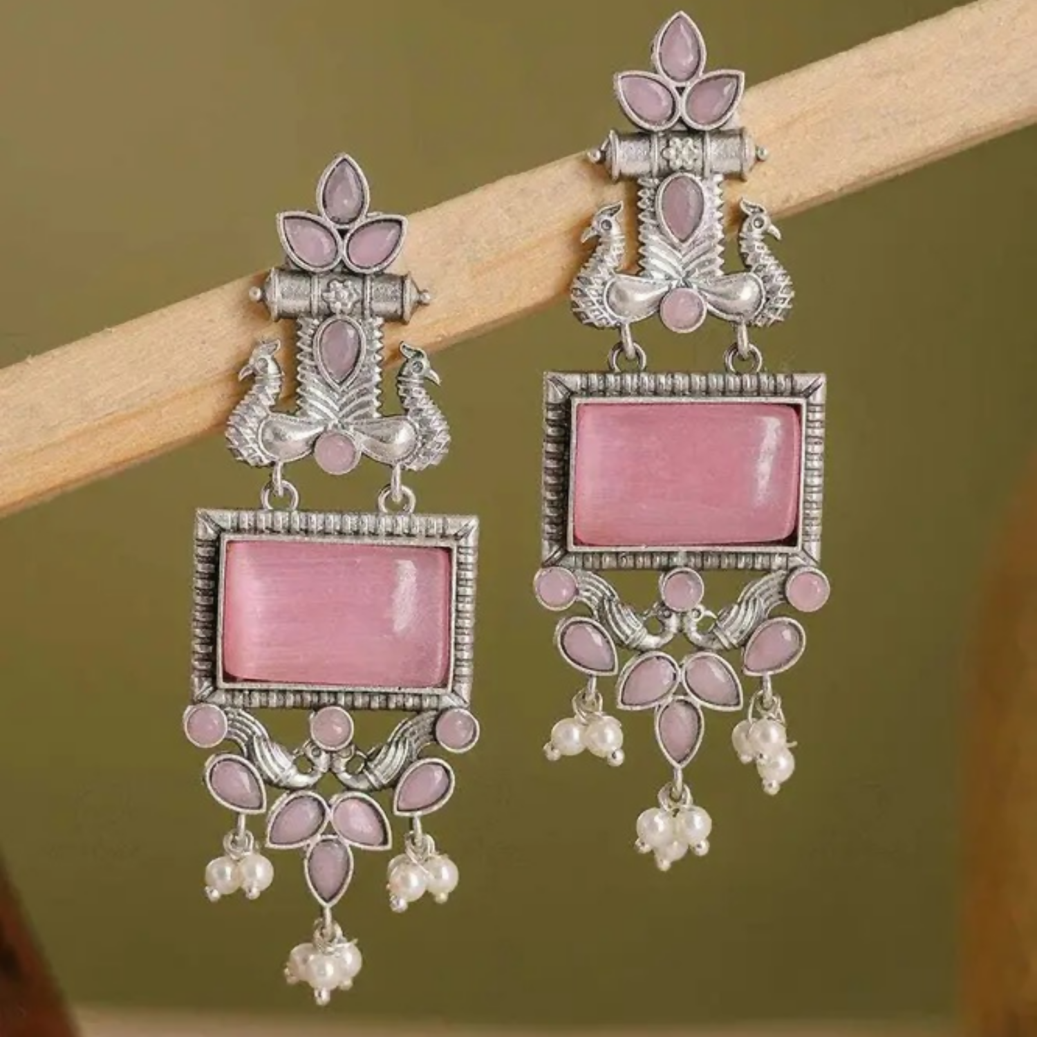 Traditional Oxidized Silver Pink Stone Pearl Drop Earrings