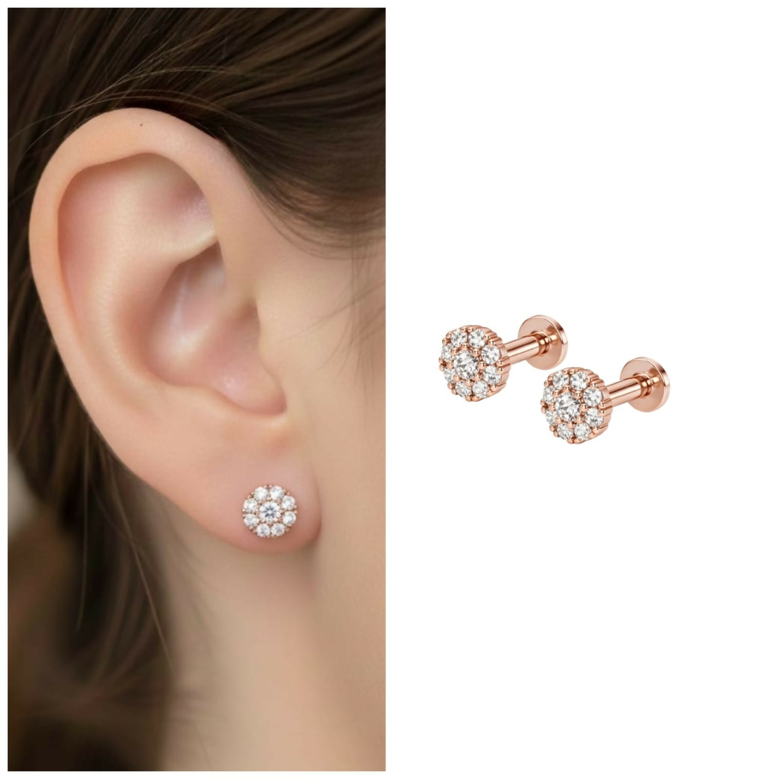 Close-up of rose gold flower cluster stud earring with flat-back post