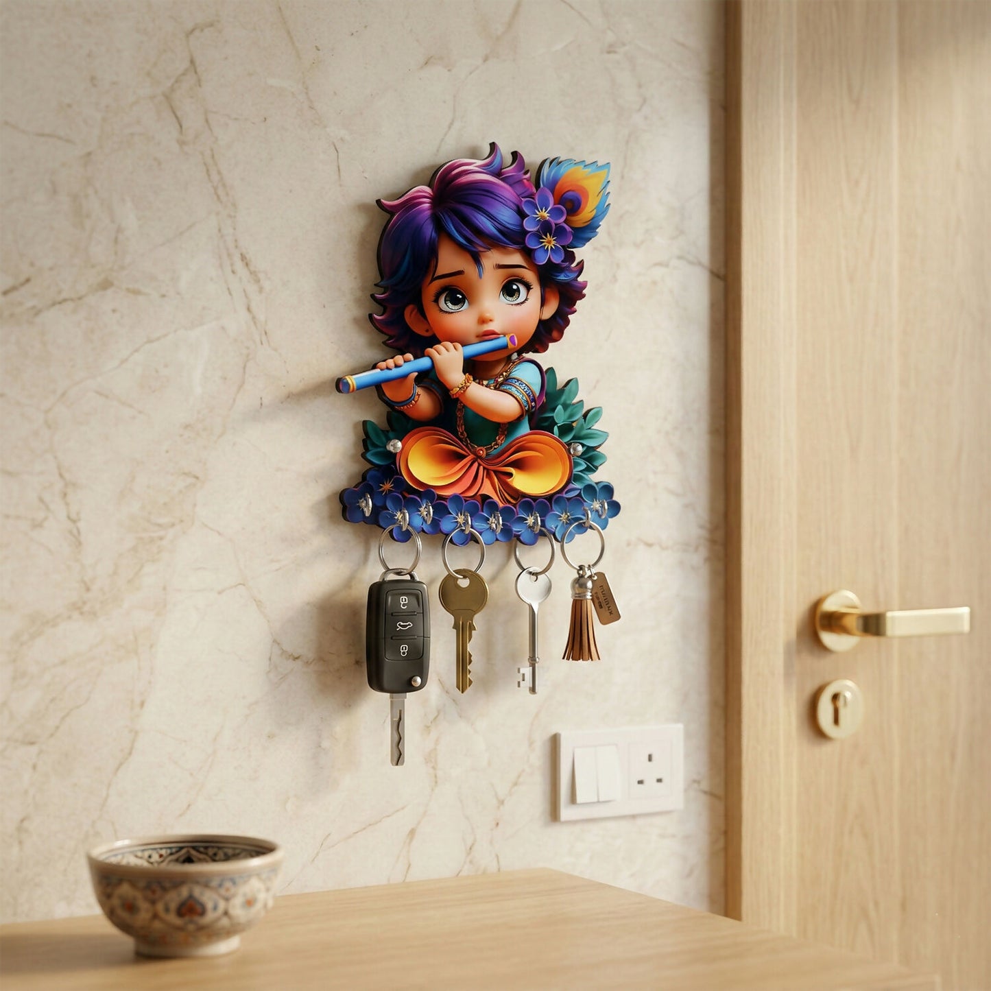 Close-up of Krishna design on wooden key stand