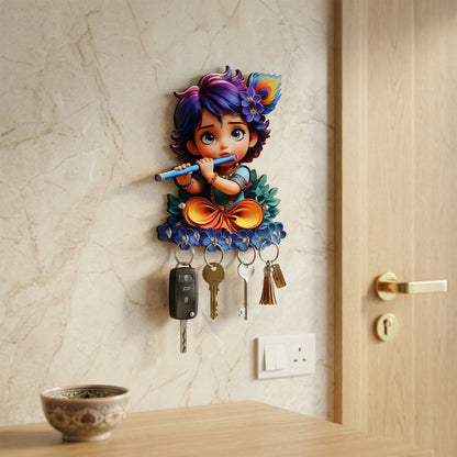 Close-up of Krishna design on wooden key stand