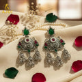 Oxidised Chandbali Jhumka Earrings – Elegant Green & Red Stones