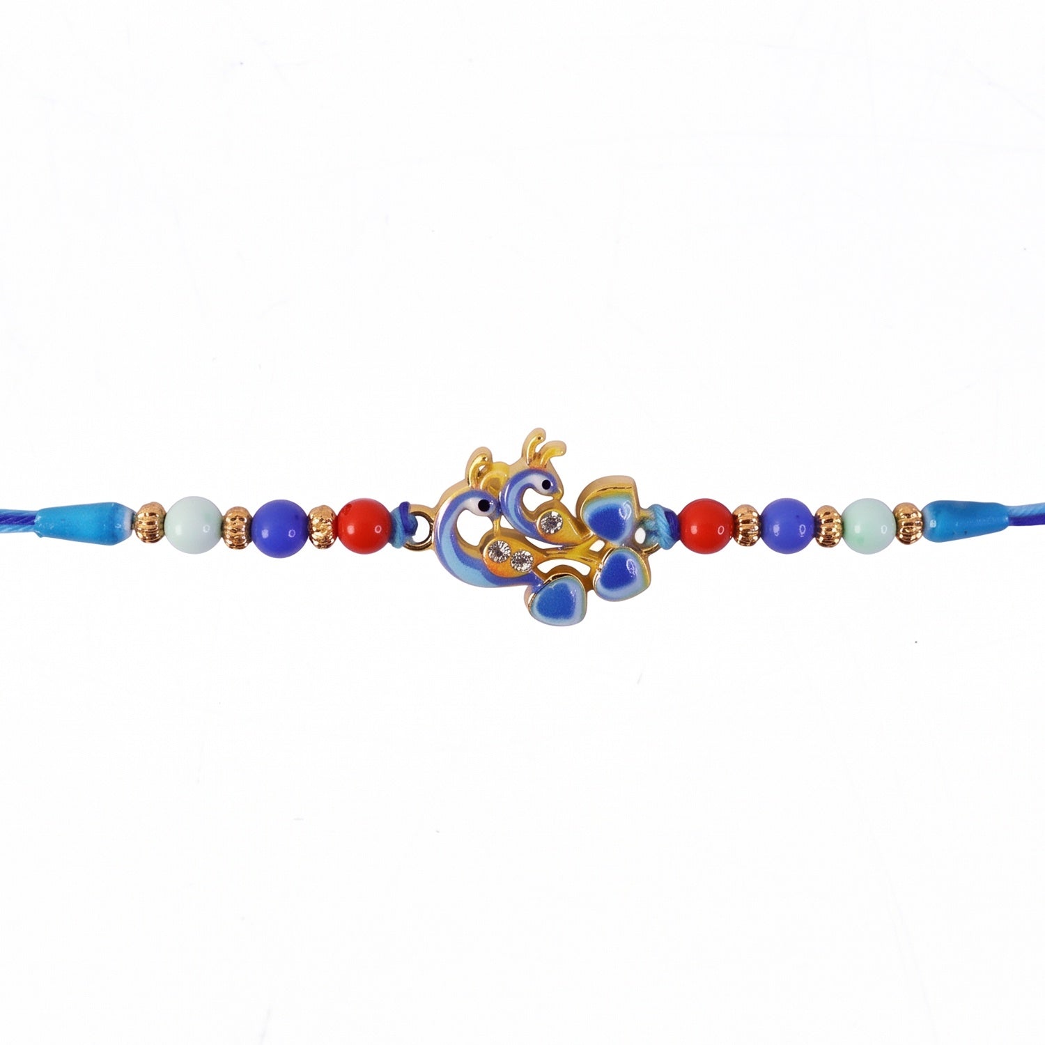 Detailed golden enamel work on Twin Peacock designer Rakhi