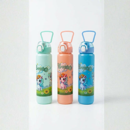 Three unicorn print water bottles in mint green, peach, and blue with straws and carry handles stand in a row.