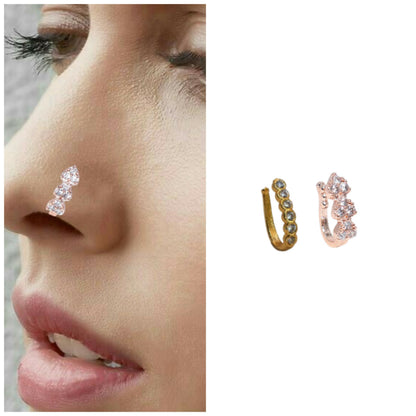 6-piece cubic zirconia clip-on nose rings in gold, rose gold, and silver tones arranged in set