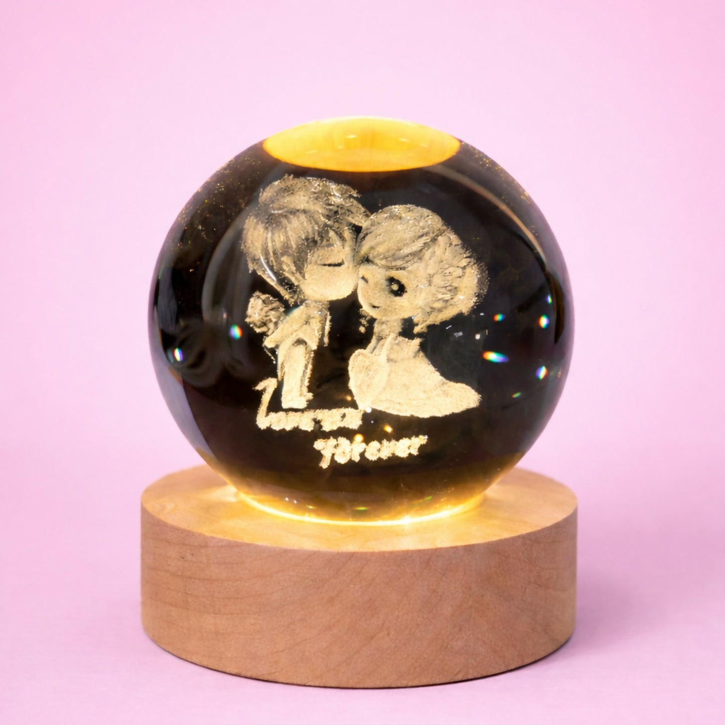 3D Crystal Couple Night Lamp with Wooden Base, USB Powered Romantic Light with writing LOVE YOU FOREVER