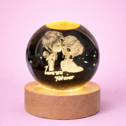 3D Crystal Couple Night Lamp with Wooden Base, USB Powered Romantic Light with writing LOVE YOU FOREVER