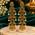 Traditional Gold-Tone Multicolor Stone Jhumka Earrings with Pearl Drops for Women